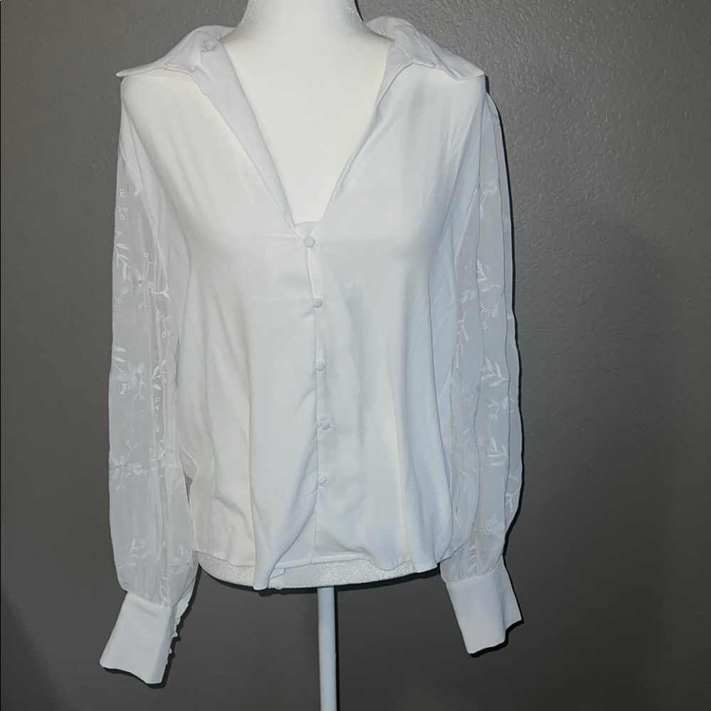 Elegant White Blouse with Sheer Sleeves